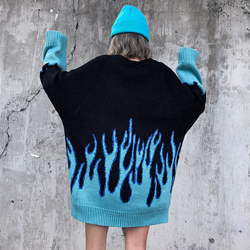 Flame Knit Sweater for Women — Oversized Y2K Crewneck Pullover in Wool Blend