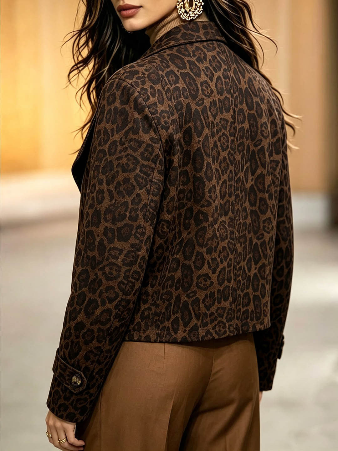 Brown leopard print faux-suede jacket with turn-down collar and long sleeves