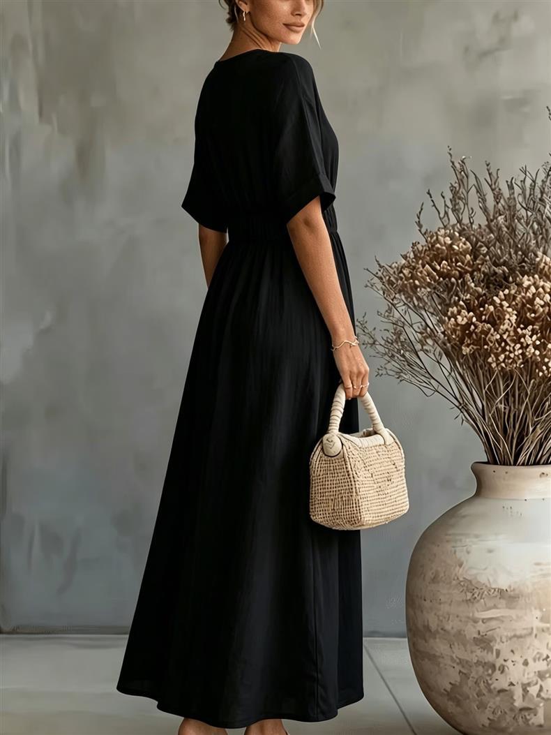 Short Sleeve Maxi Dress — V Neck Smocked Waist Style with Flared Skirt in Viscose