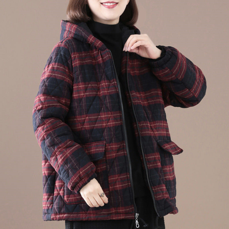 Plaid puffer jacket with attached hood, burgundy plaid, zip front and side pockets