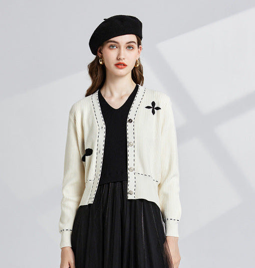 Cropped Cardigan for Women — Contrast Stitch Floral Motif Style in Ribbed Knit
