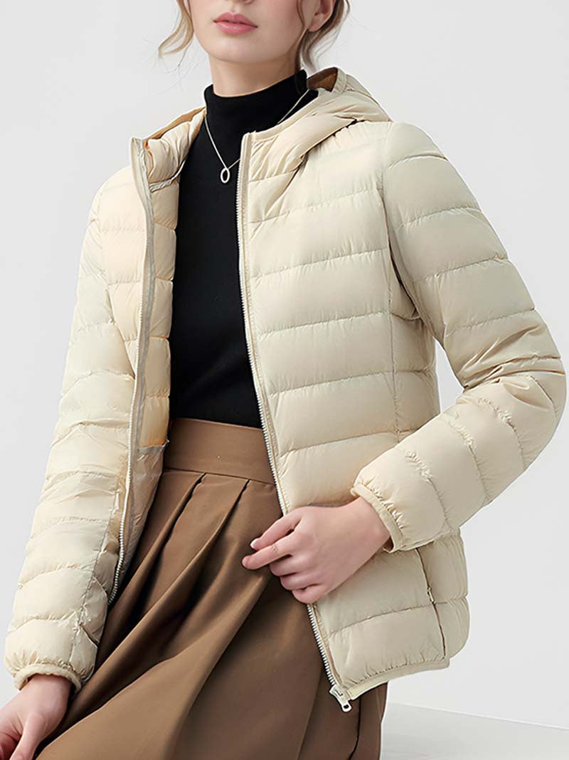 Women's off-white hooded quilted down jacket, shown open with horizontal padding.