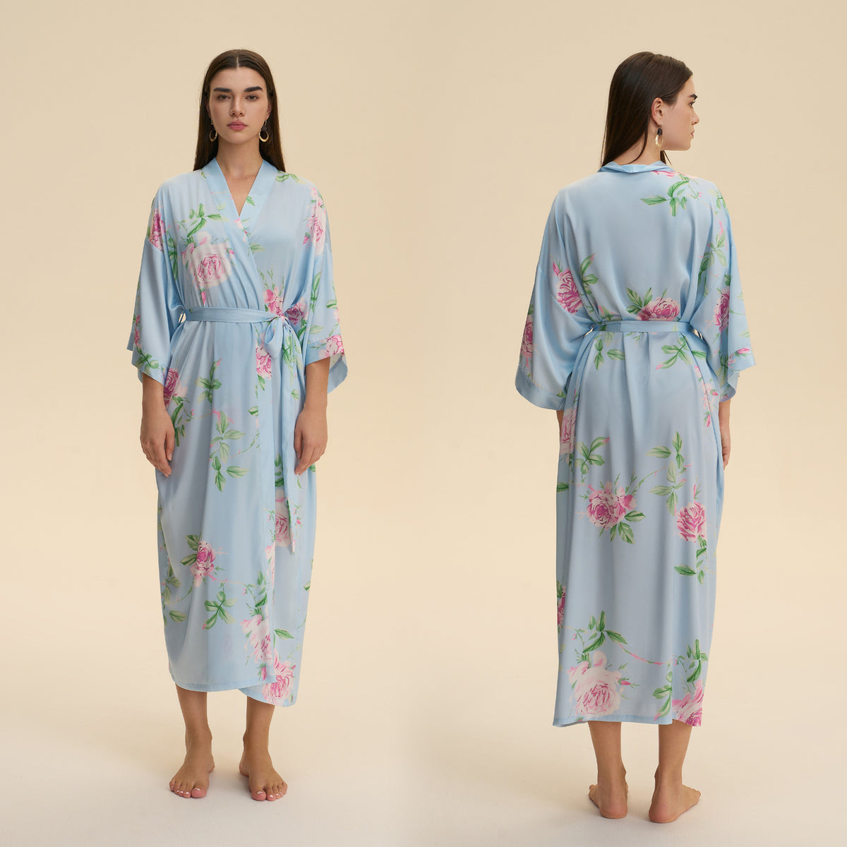 Light blue satin robe with green and pink floral print, V-neck, waist tie, back view