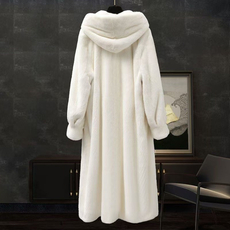 White long hooded faux fur coat back view with shawl hood and full sleeves