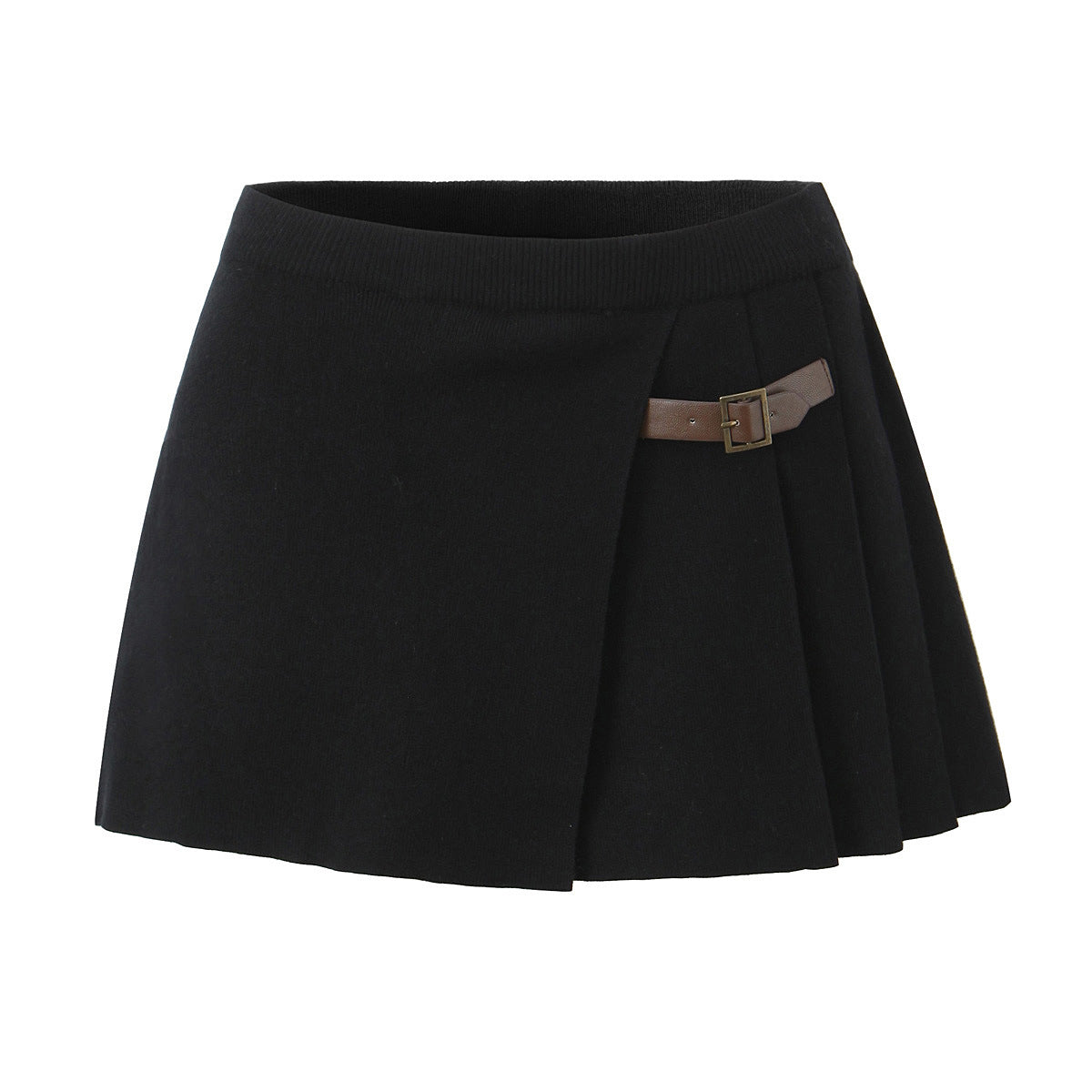 Black pleated mini skirt with adjustable belt detail