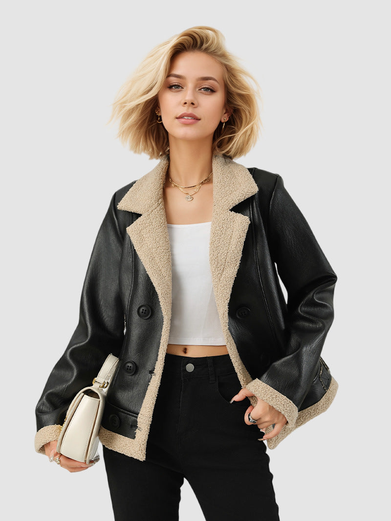 Faux Shearling Jacket for Women — Double Breasted Moto Style in Faux Leather