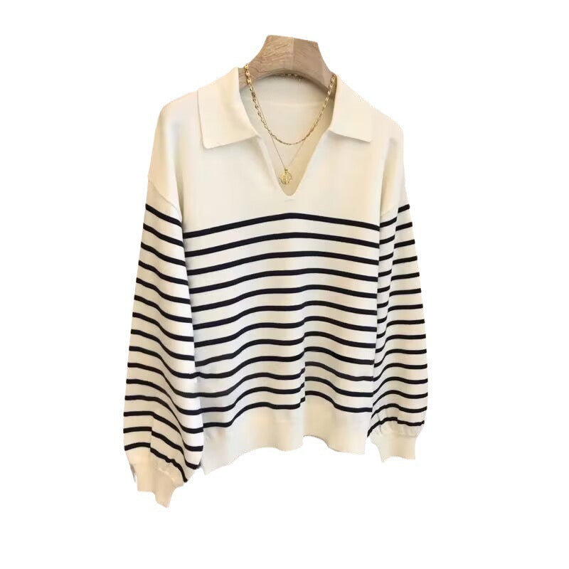 Cream and navy striped V-neck pullover sweater, long sleeves, ribbed hem