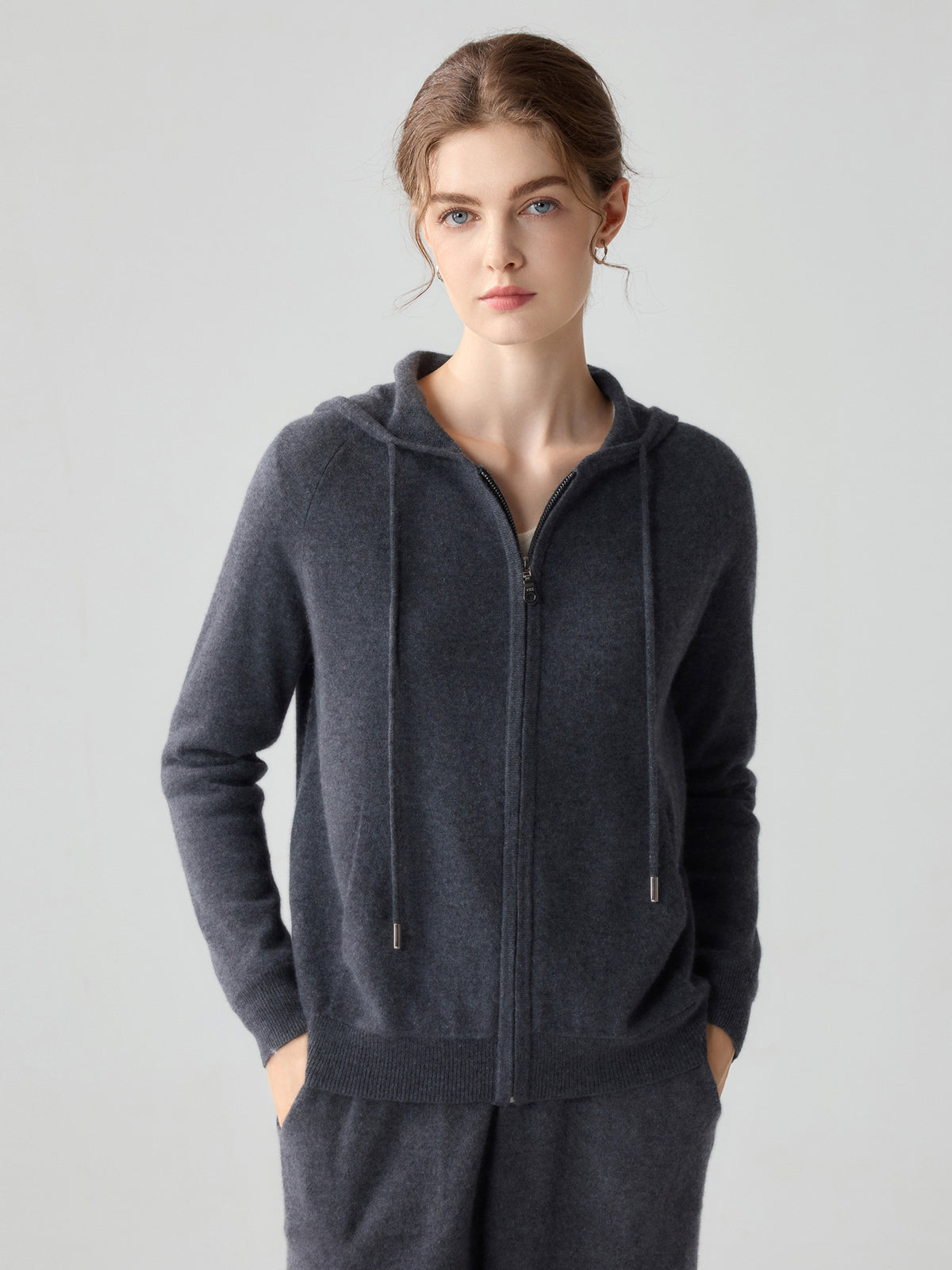 Dark gray hooded zip-up cashmere cardigan for women, long sleeves, front zipper