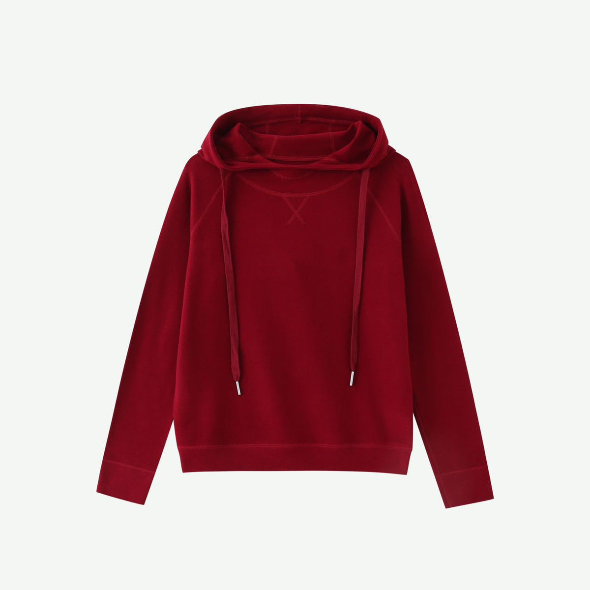 Wine red velvet hoodie with drawstring hood and long sleeves