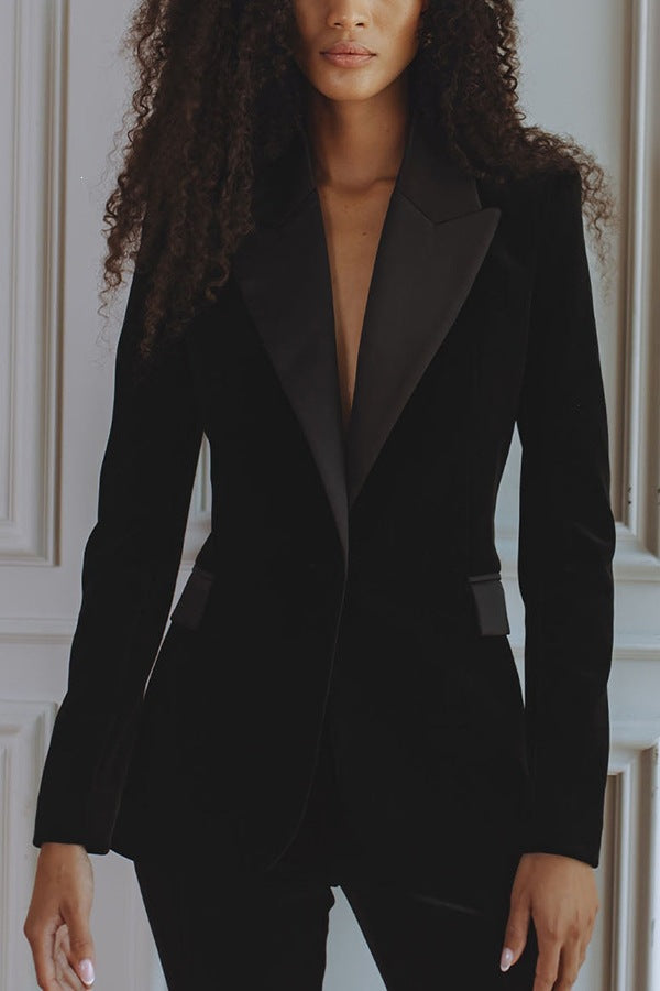 Women’s black velvet slim-fit blazer with satin lapel trim and single-button closure