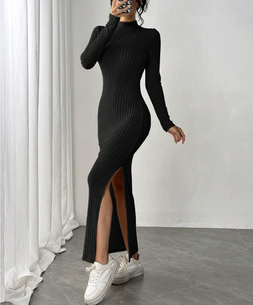 Ribbed Bodycon Maxi Dress with High Slit — Mock Neck Long Sleeve Knit Design