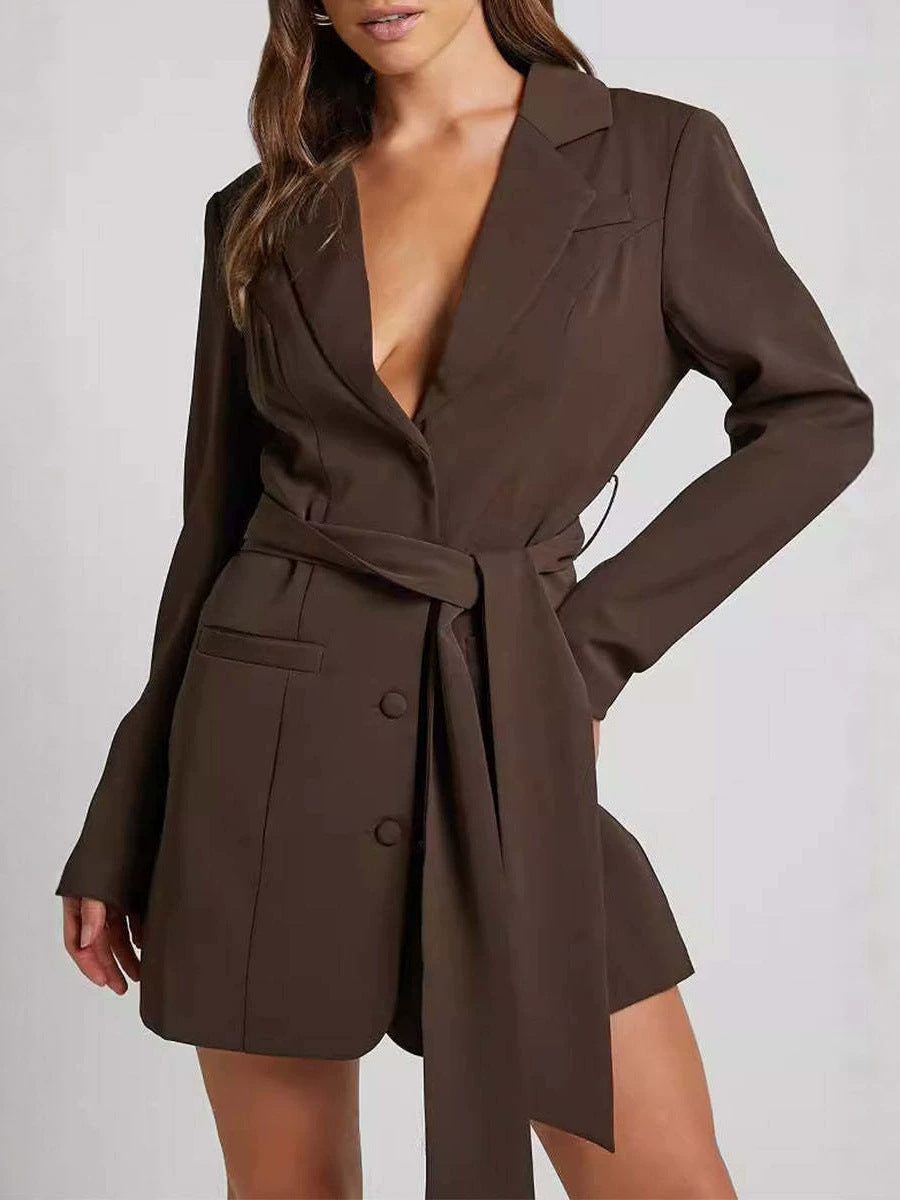 Women's brown belted blazer dress with V-neck, button front, long sleeves