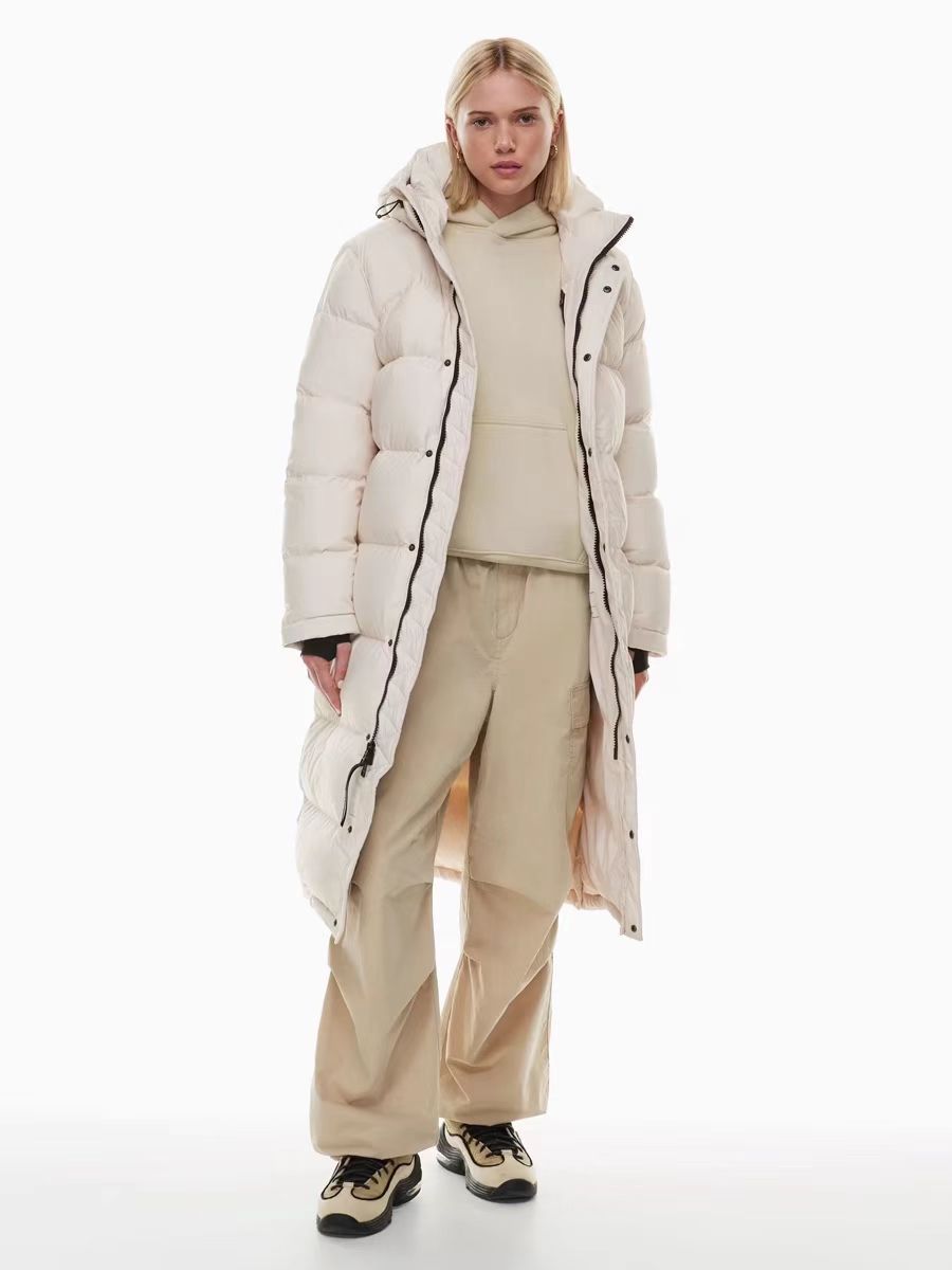 Off-white long hooded puffer coat with zip front and quilted panels