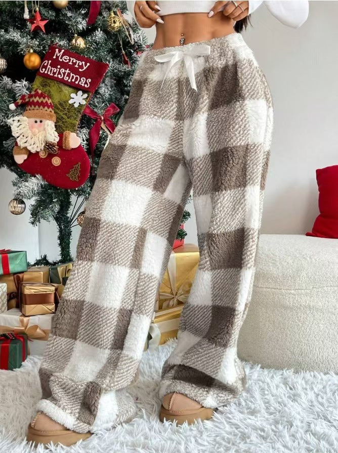 Women's beige-and-brown plaid wide-leg lounge pants with drawstring waist