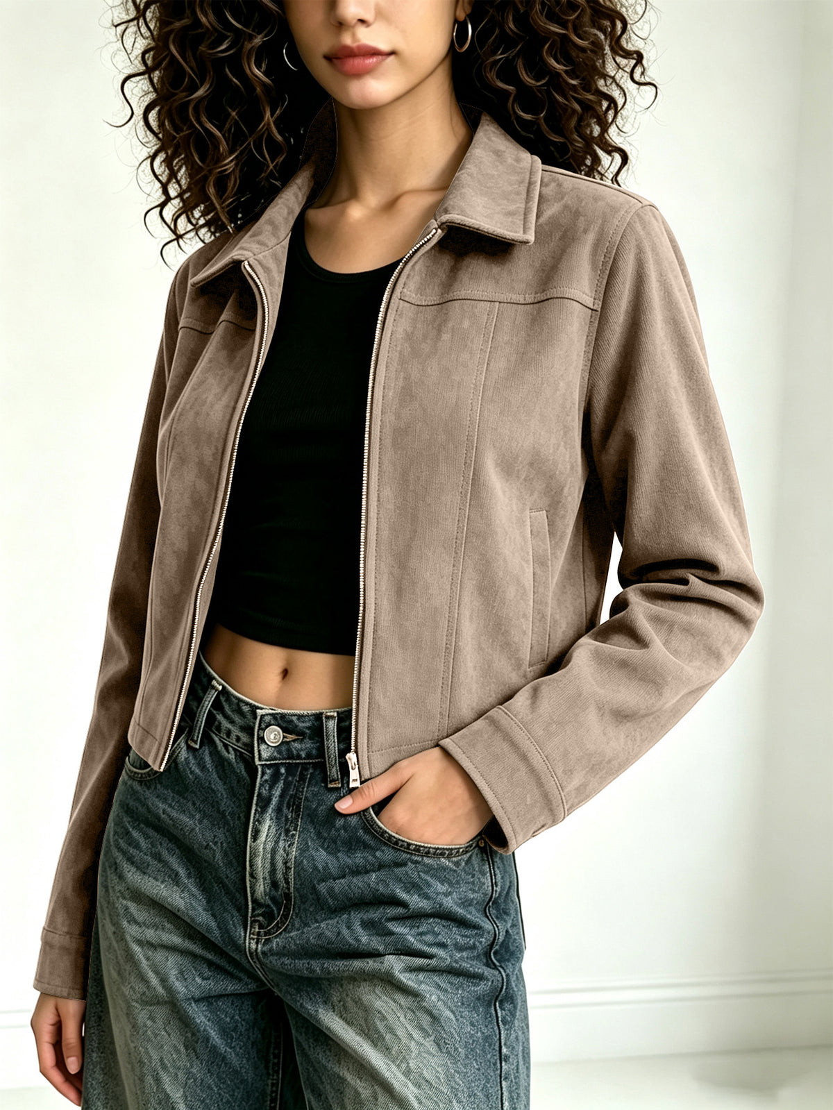 Women's khaki retro lapel jacket with zip front and flap chest pockets