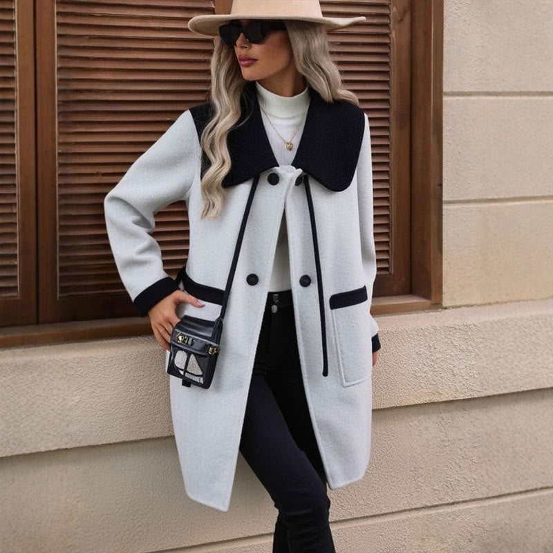 Women’s color-block wool coat with shawl collar, light gray/off-white with black collar and drawstring