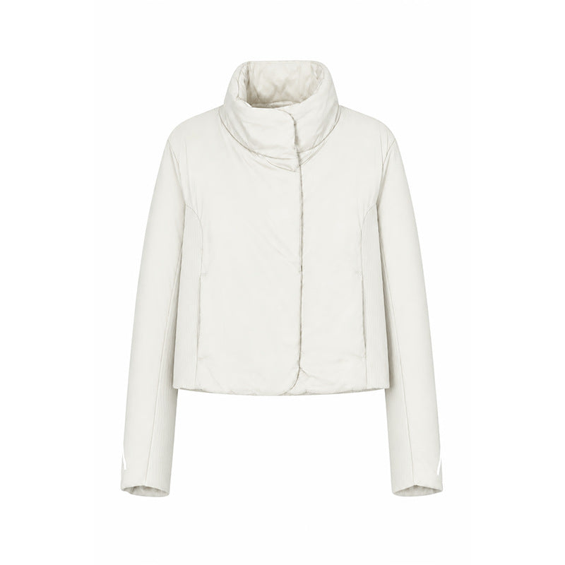 Off-white high-neck windproof cotton jacket with zip front and hooded collar