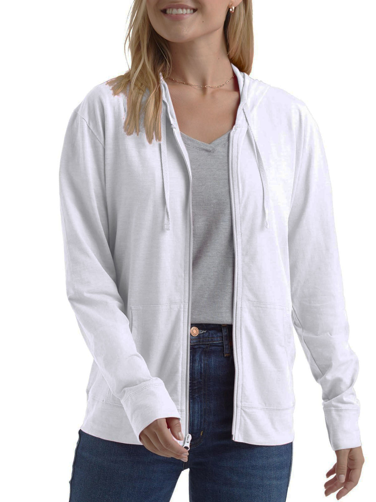 White plus-size zip-up hoodie sweatshirt with hood, drawstrings, and front pockets