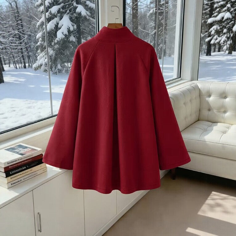 Back view of women’s wine red wool coat with stand-up collar and flared A-line hem