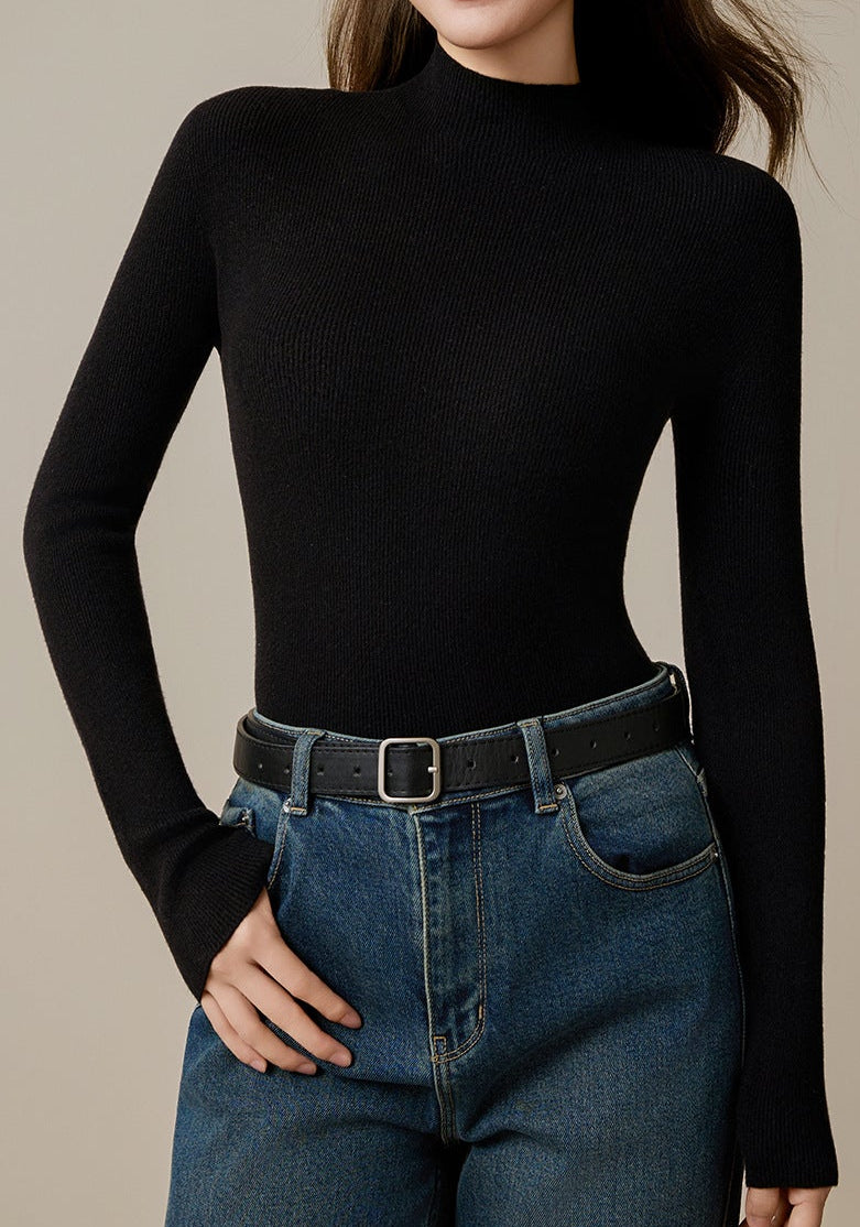 Black slim-fit merino wool mock neck sweater with long sleeves and ribbed knit