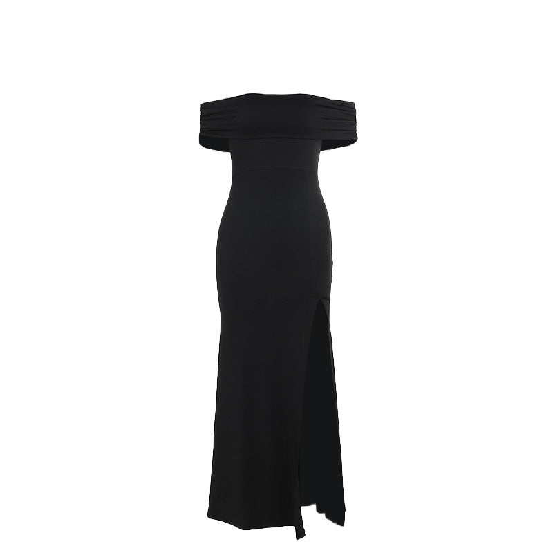 Off Shoulder Maxi Dress with High Slit — Fitted Formal Gown in Stretch Jersey