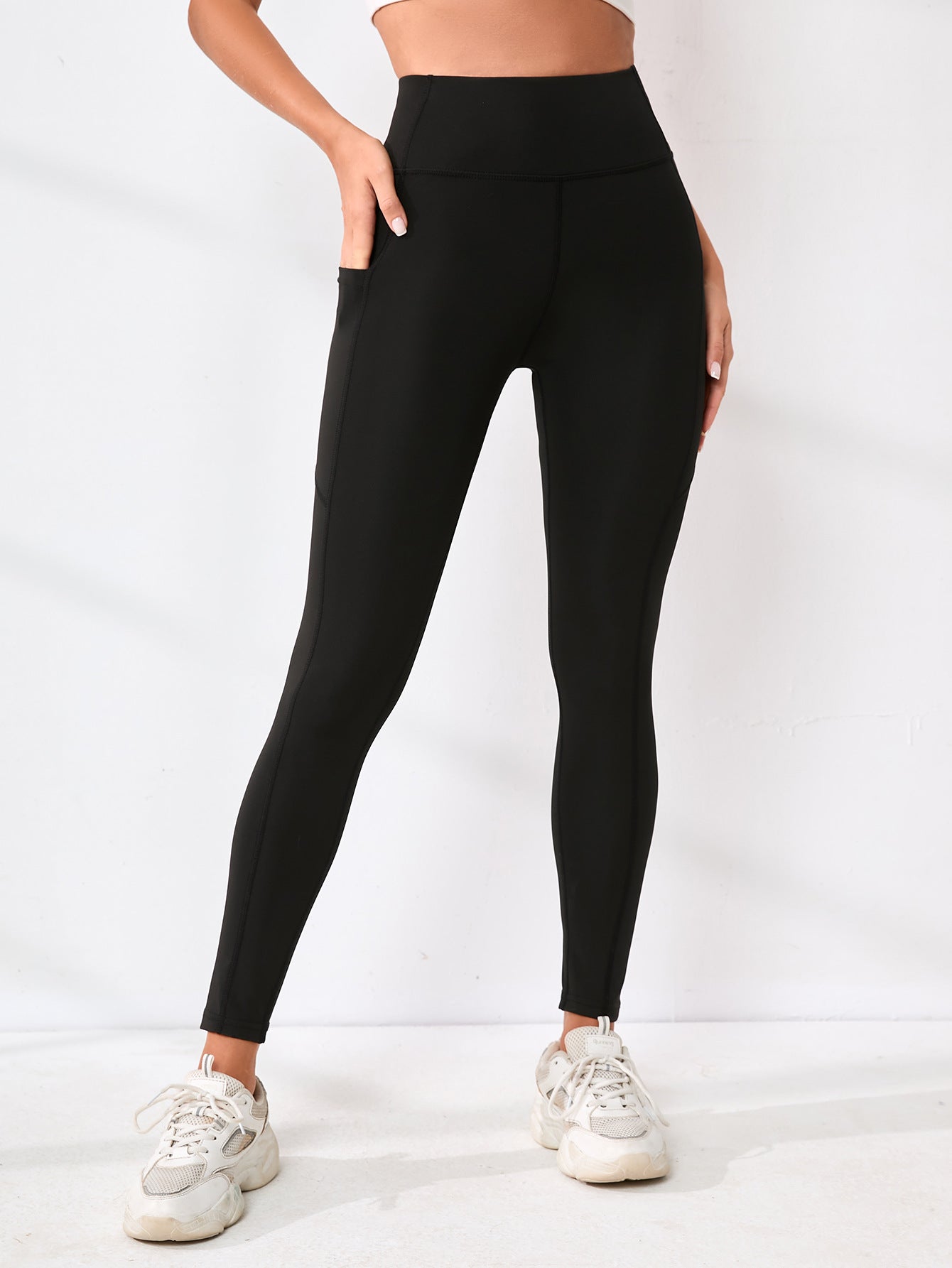 Black Leggings with Side Pockets for Women — High Waisted Tummy Control Yoga Fit