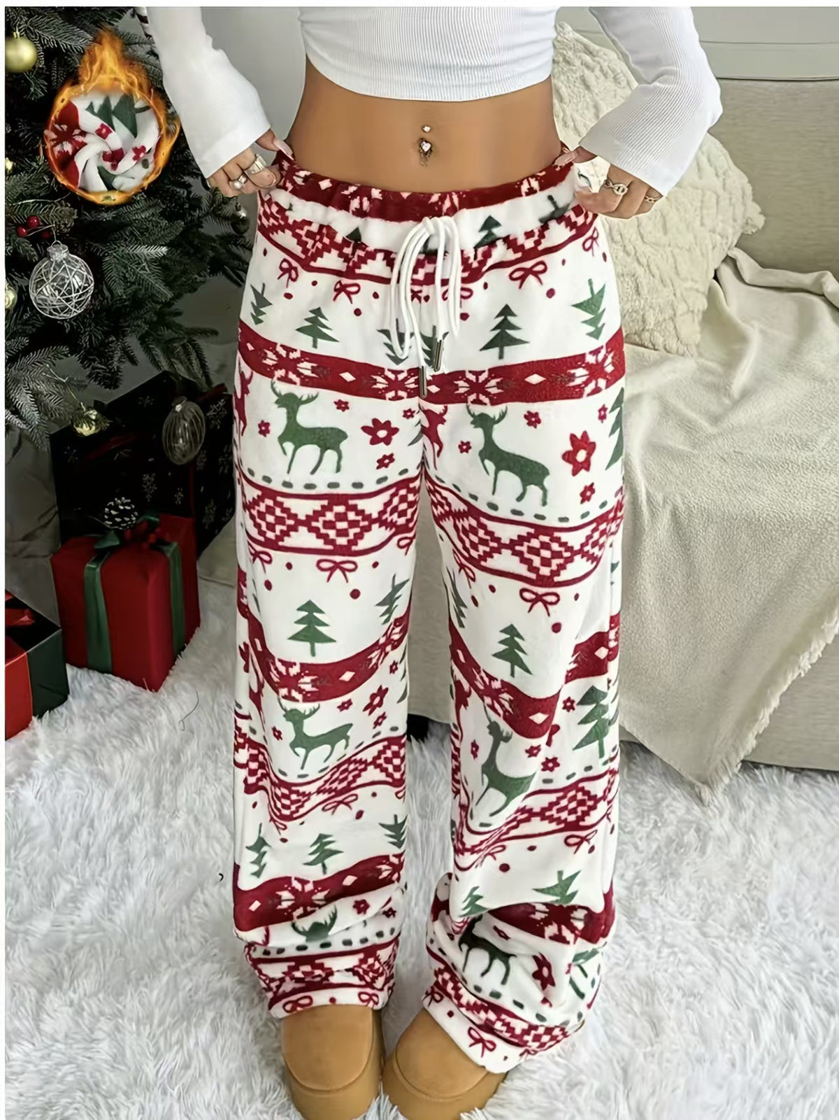 Women's festive reindeer print wide-leg lounge pants with drawstring waist