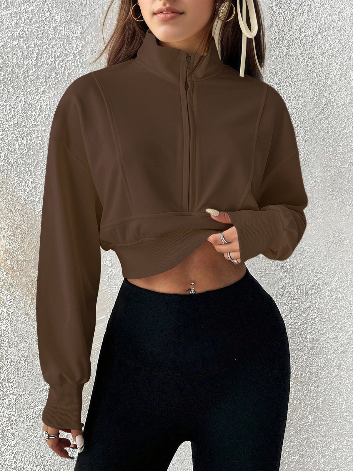 Dark brown stand-collar zip sweatshirt with long sleeves and cropped hem, front pose