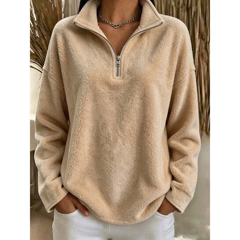 Women's fleece pullover with quarter-zip stand collar, khaki