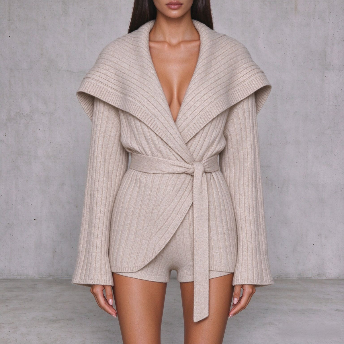 Cream chunky knit v-neck cardigan with tie waist over matching shorts