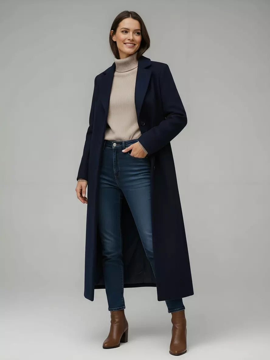 Women’s long wool coat, navy with notched lapels and button front