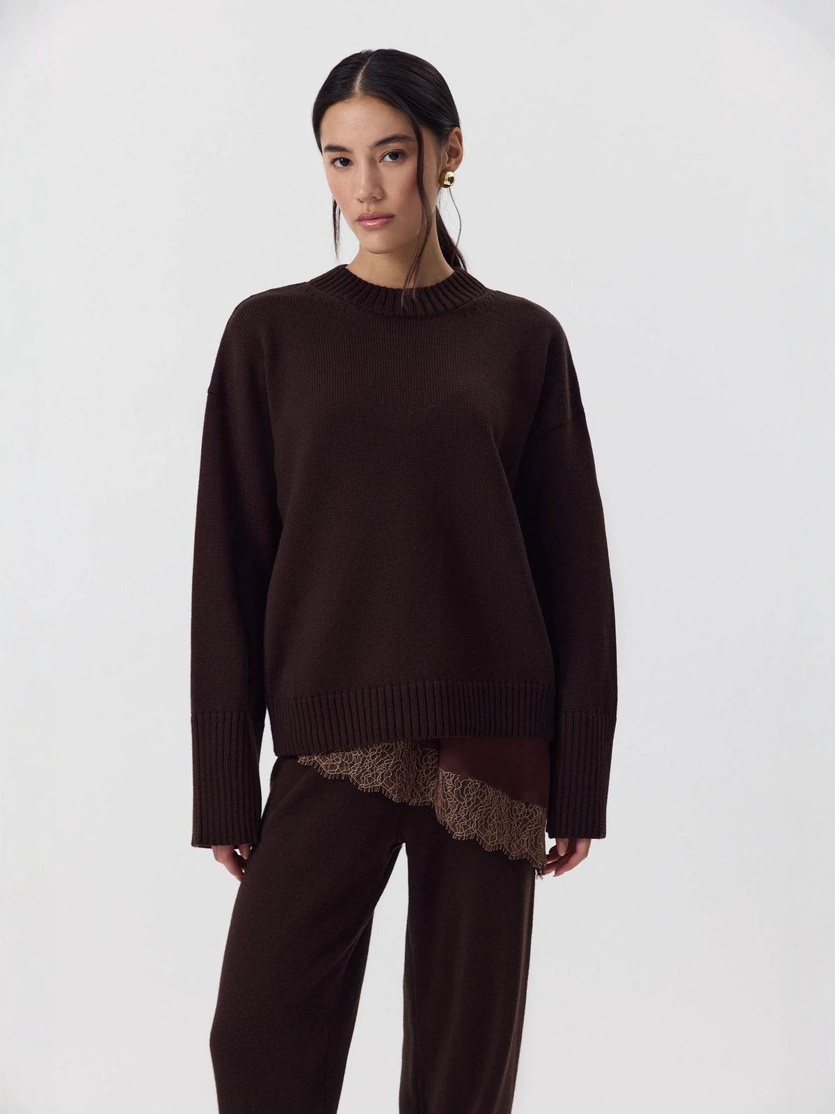 Women's dark brown knit sweater with crew neck and long sleeves, ribbed hem