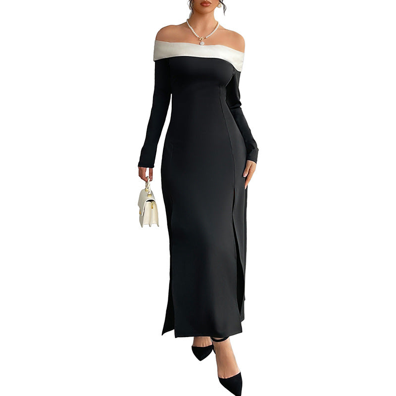 Off Shoulder Maxi Dress with Long Sleeves — Contrast Collar Side Slit Style in Crepe