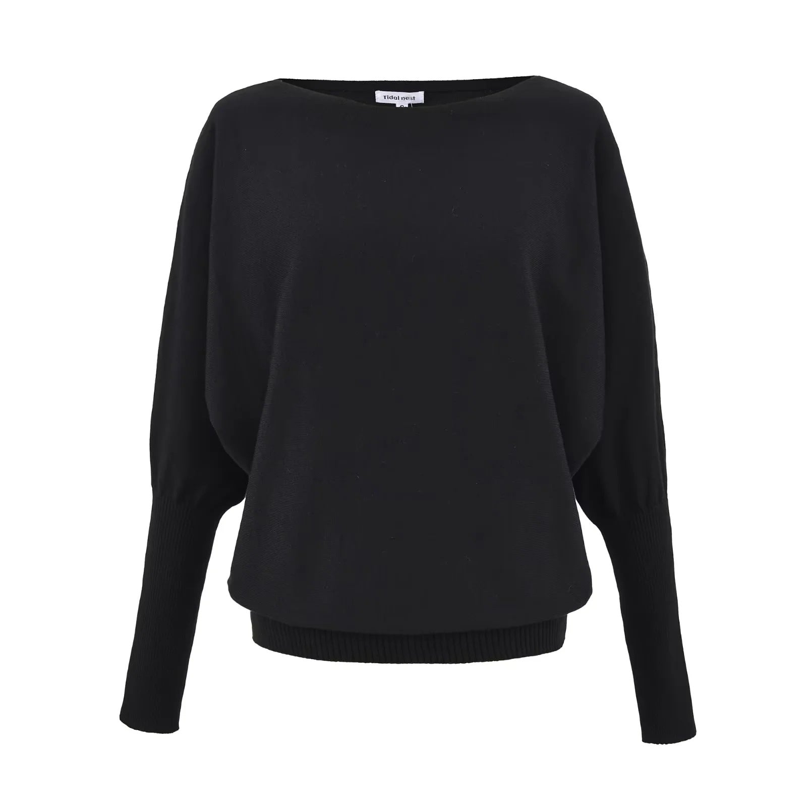 Black knitted off-shoulder sweater with ribbed hem and cuffs