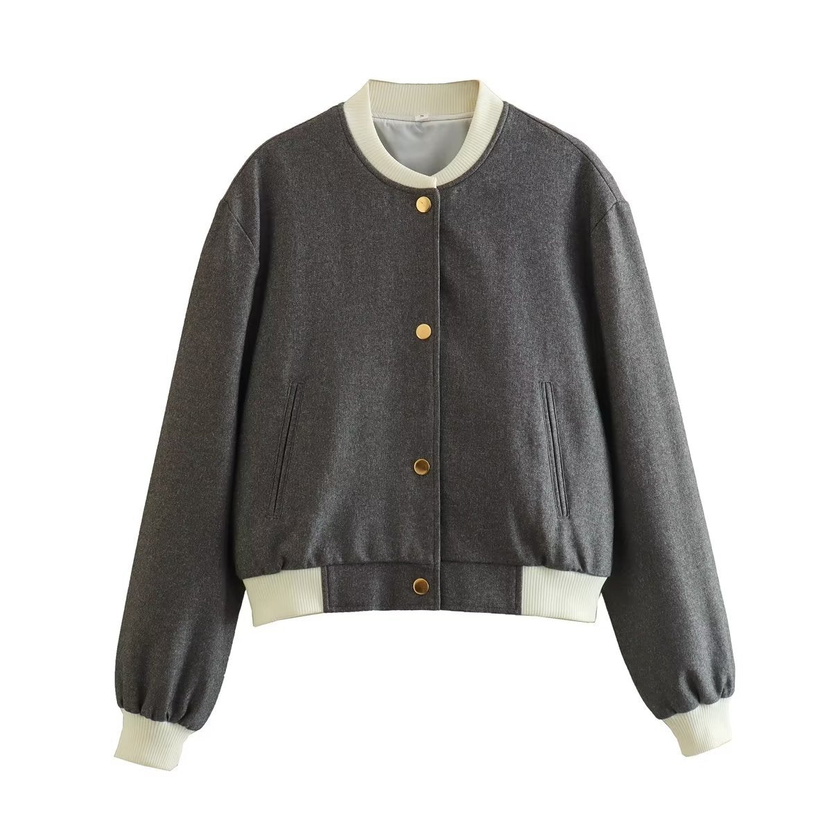 Women’s dark gray bomber jacket with ribbed stand collar, button front, side pockets