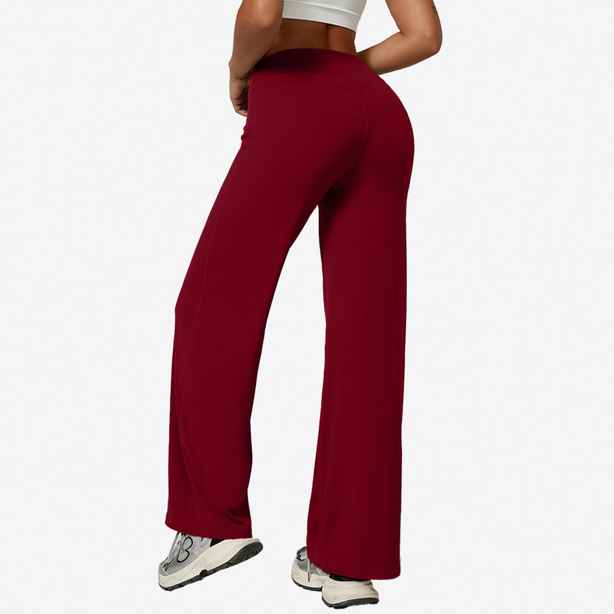 Red high-waisted wide-leg yoga pants with a rear seam