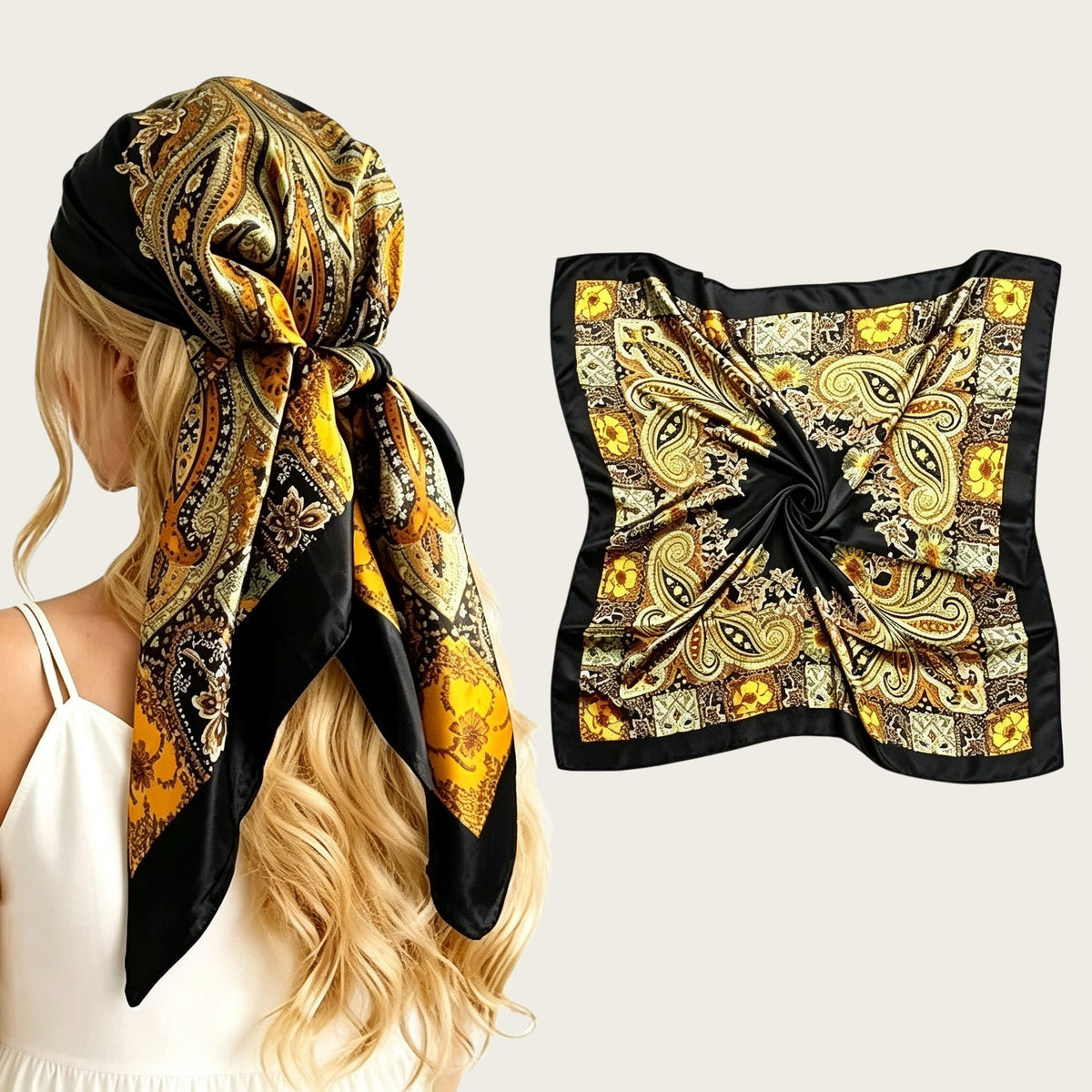 Black satin square scarf with gold paisley floral print, 90cm knotted headscarf