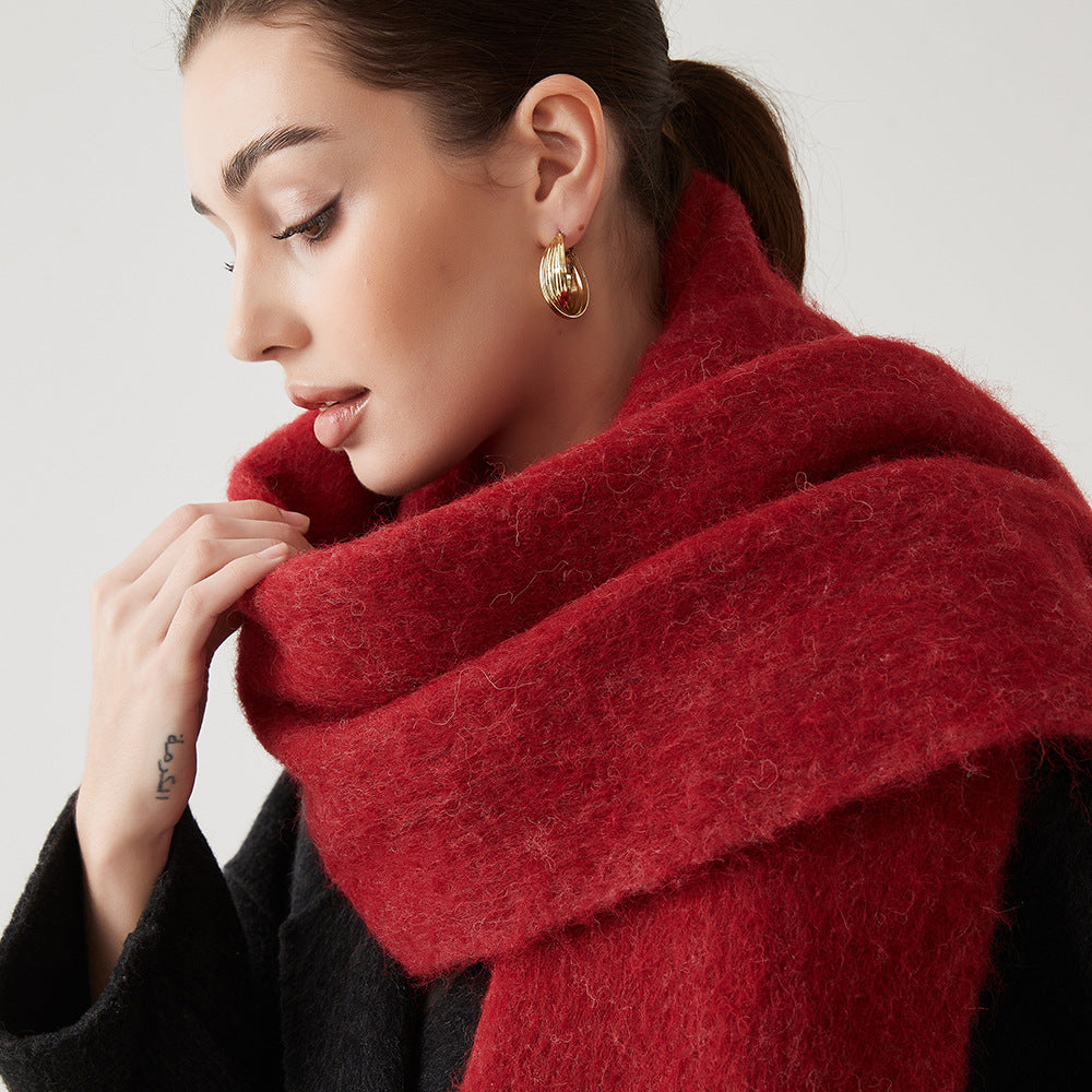 Women's wool hair scarf, solid deep red wrap with soft fuzzy texture