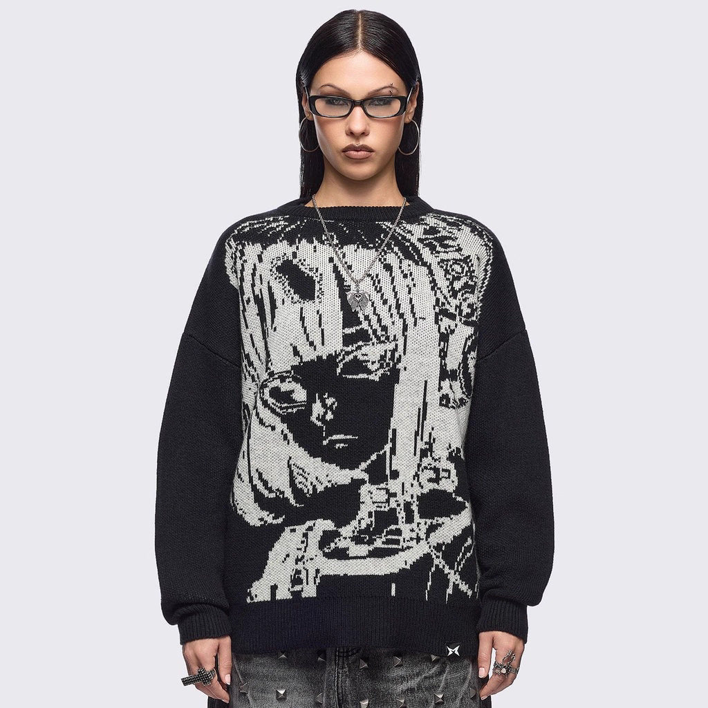 Oversized Graphic Sweater for Women — Gothic Portrait Jacquard Knit in Cotton Blend