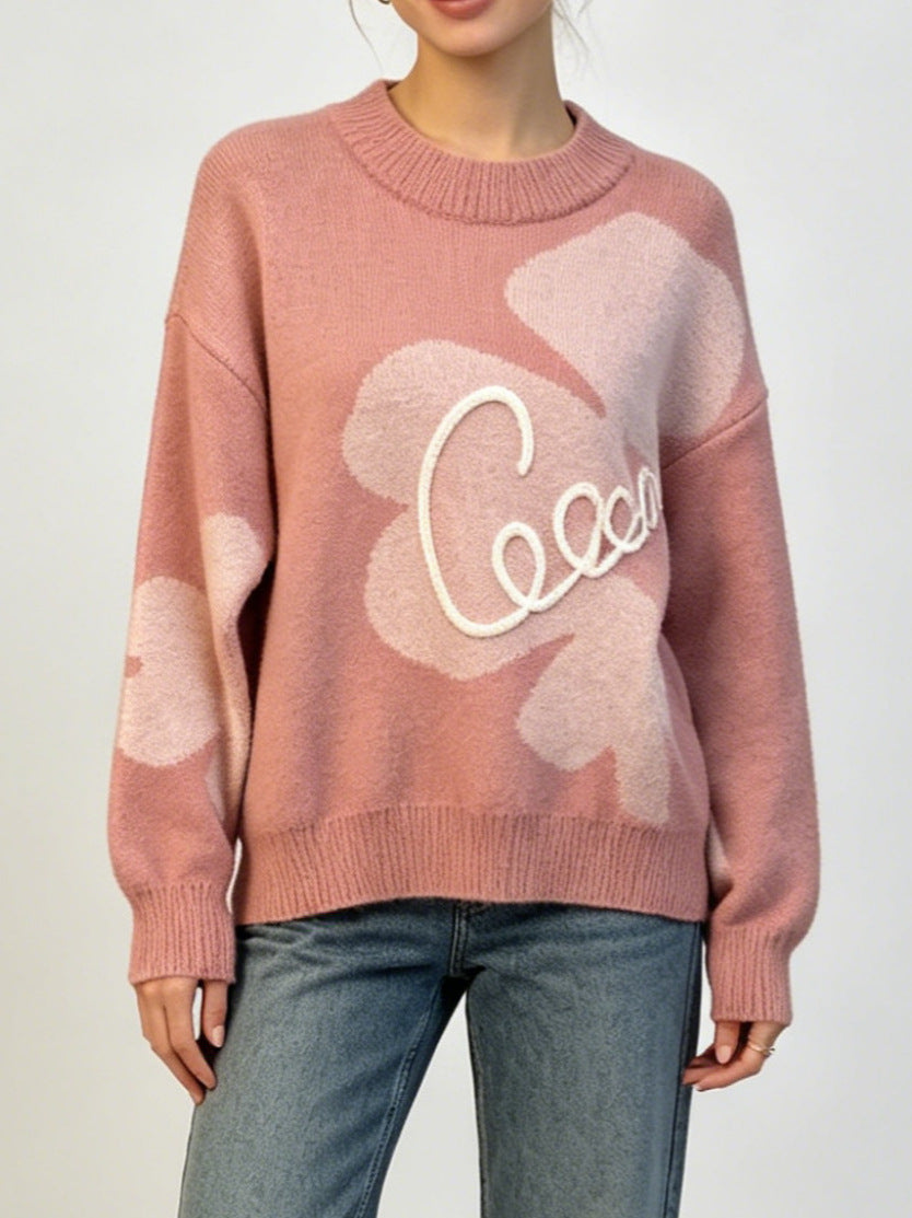 Floral Sweater for Women — Oversized Crew Neck Knit Pullover in Soft Wool