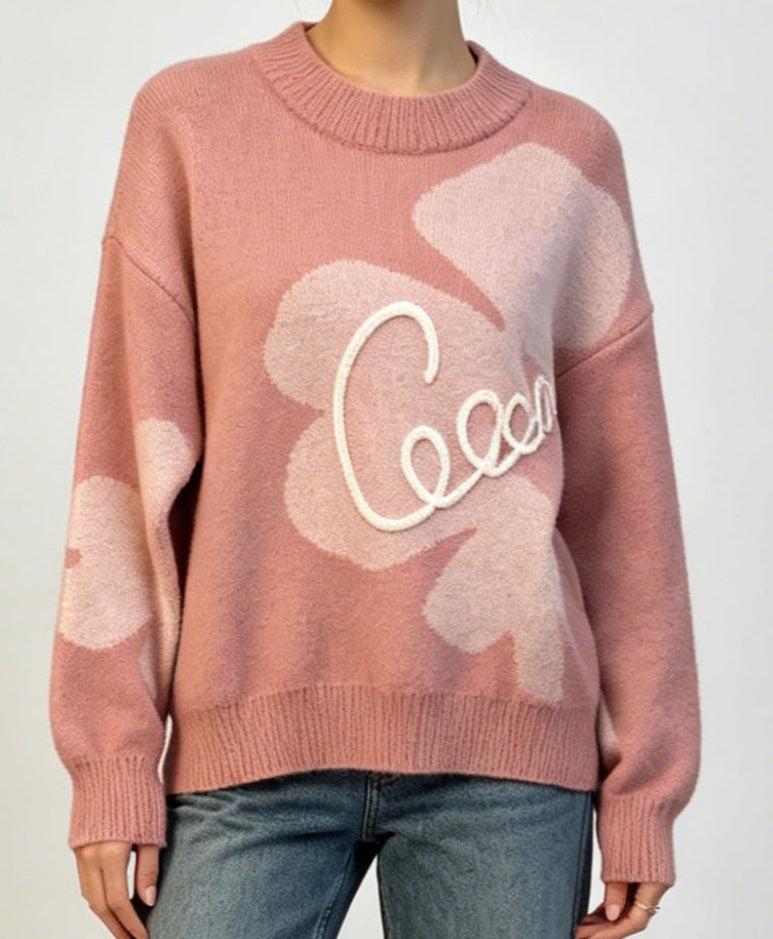 Floral Sweater for Women — Oversized Crew Neck Knit Pullover in Soft Wool