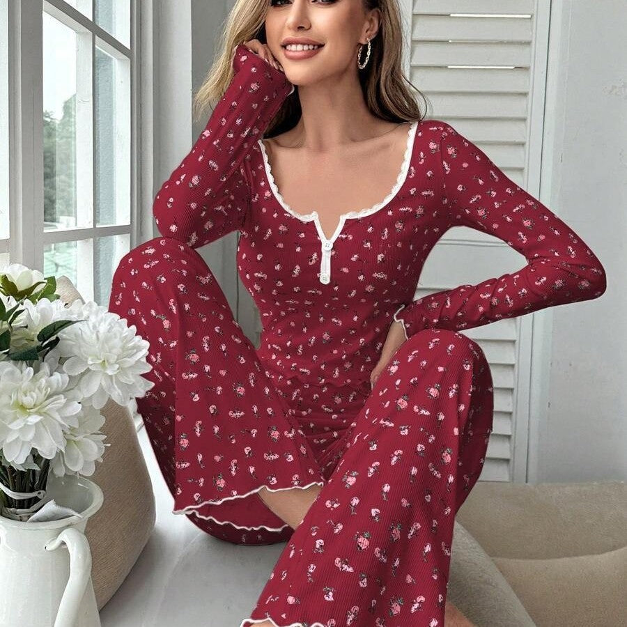 Women’s deep red floral pajama set with long sleeves, button front, and matching pants