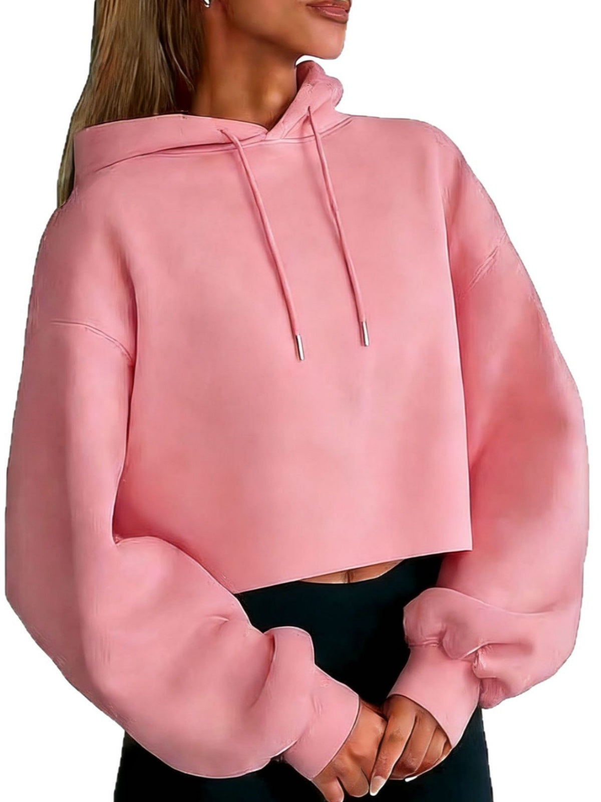 Pink cropped hooded sweatshirt with drawstring hood and long sleeves