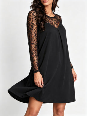 Long Sleeve Lace Dress — Swing Mini with Sheer Illusion Yoke in Viscose