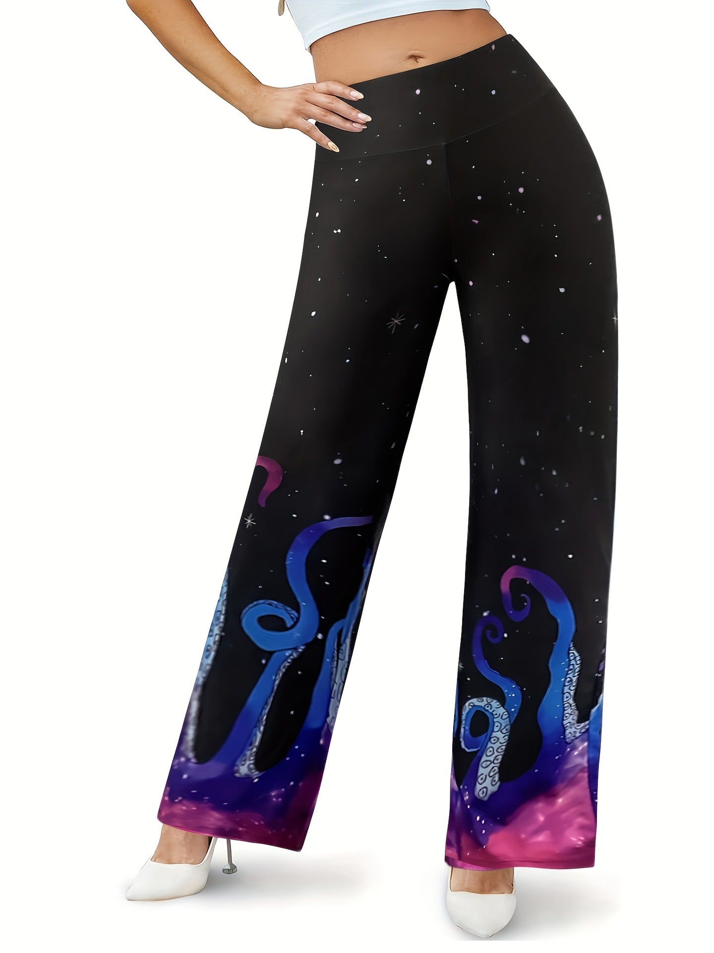 Wide Leg Pants for Women — High Waisted Flare with Graphic Hem Print in Polyester