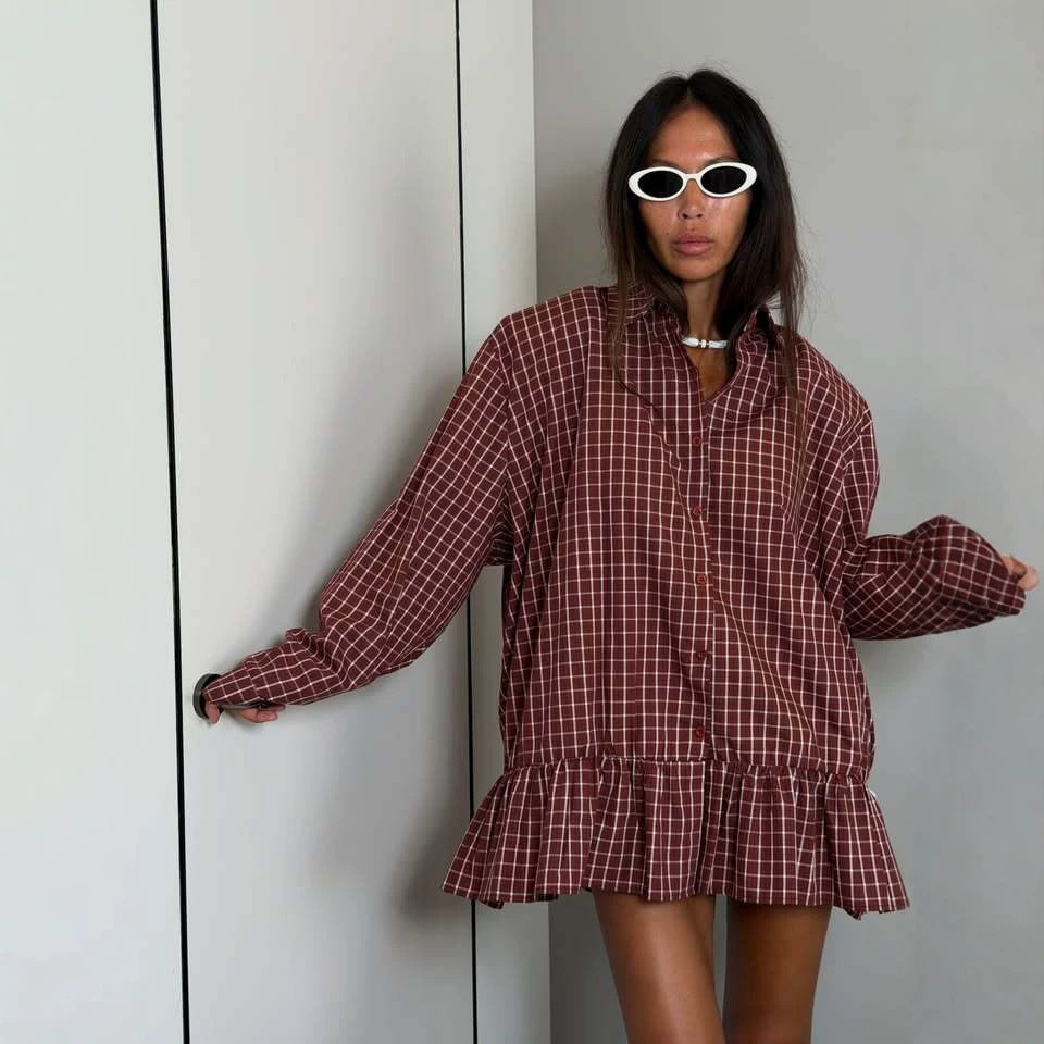 Oversized Plaid Shirt for Women — Ruffle Peplum Hem Button Front Top in Cotton