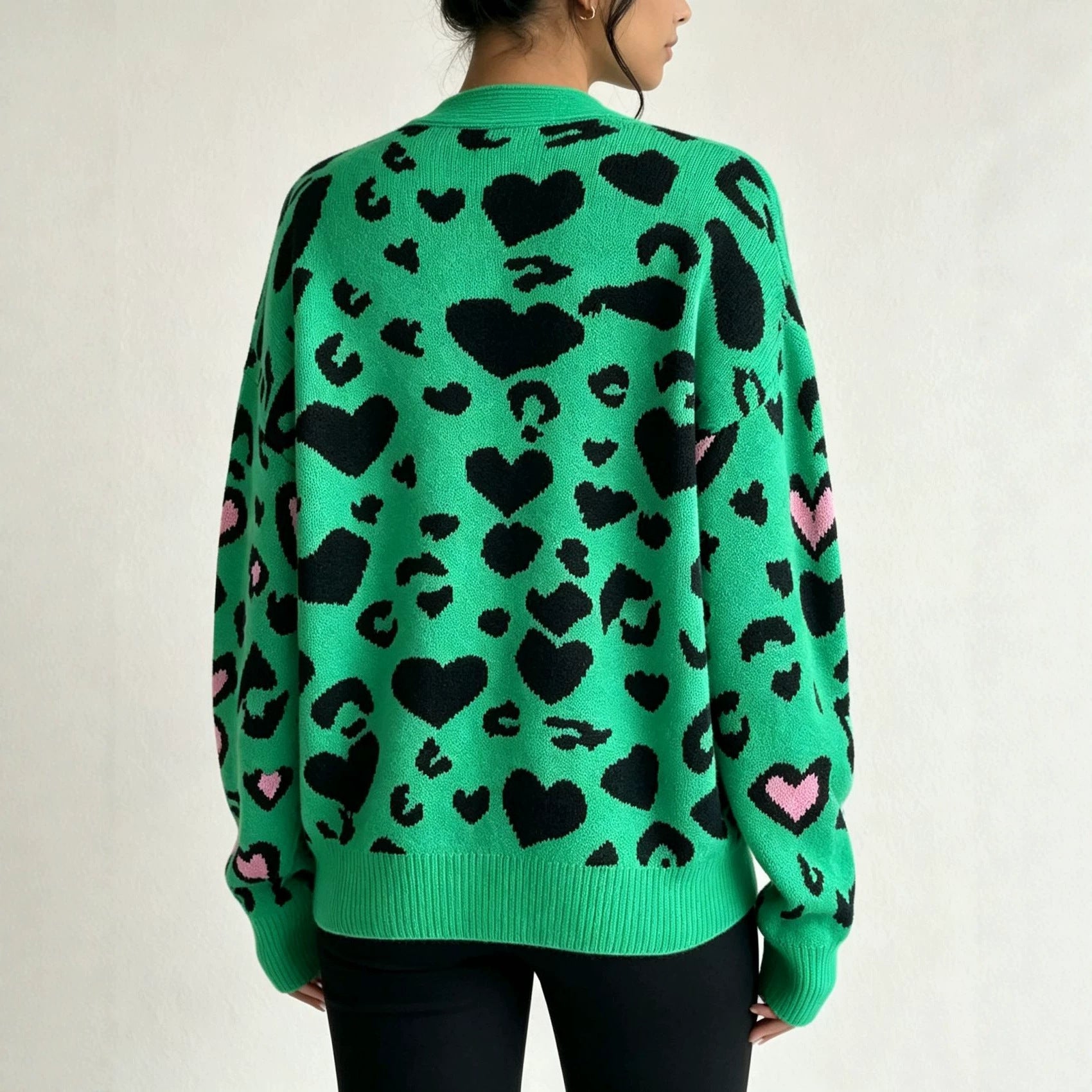 Leopard Print Cardigan for Women — Oversized V Neck Button Front Knit in Wool Blend