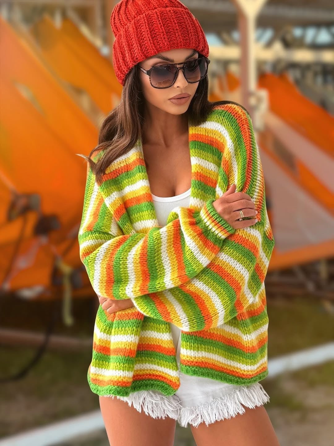 Rainbow striped knit sweater, loose long sleeves and round neck