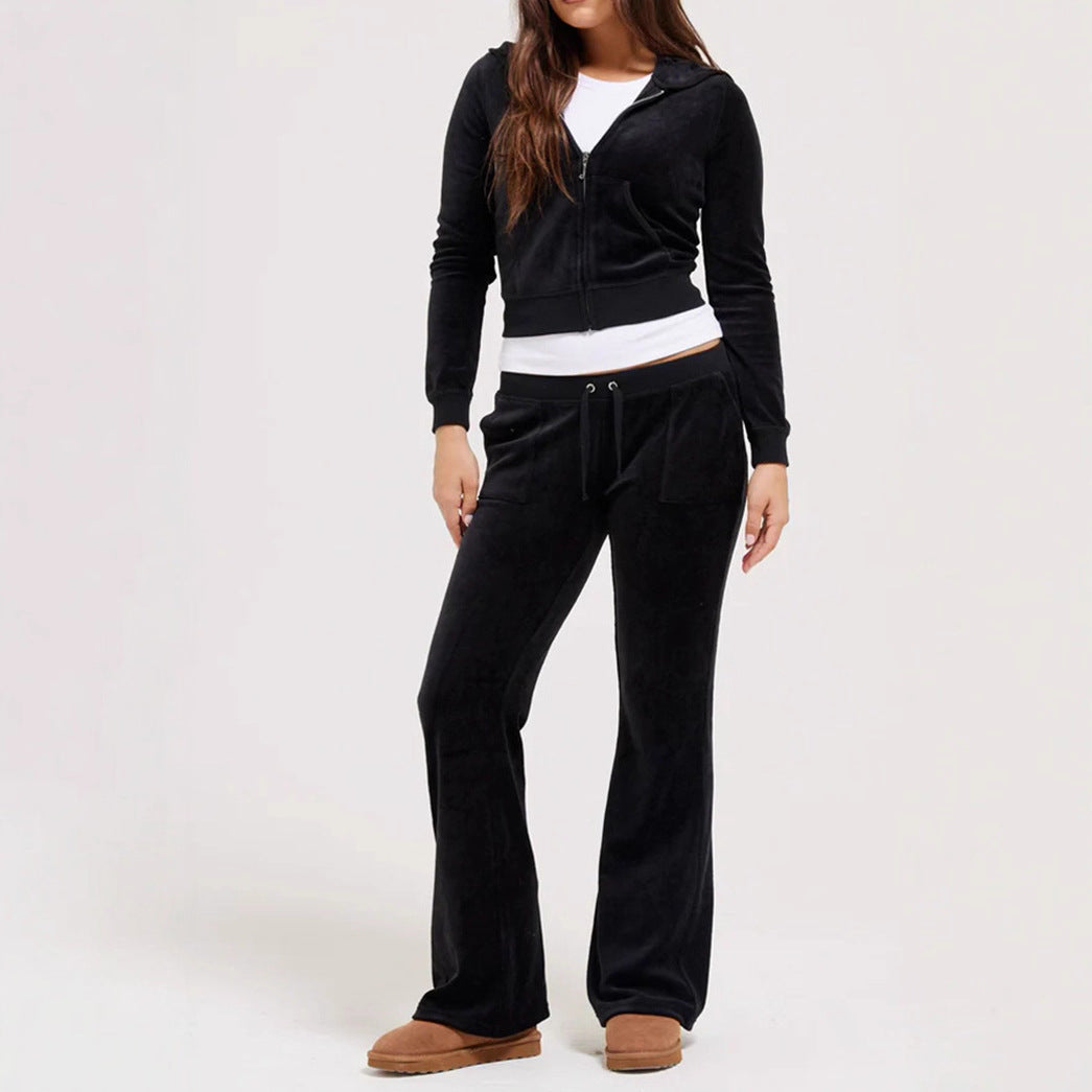 Black velvet zip-front hoodie and wide-leg drawstring pants two-piece set for women