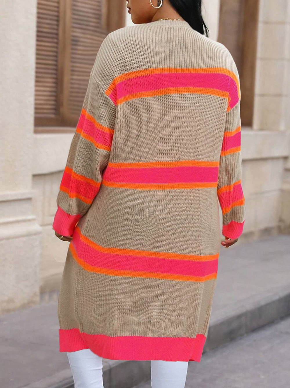 Striped Duster Cardigan for Women — Longline Open Front Knit with Side Slits in Soft Wool